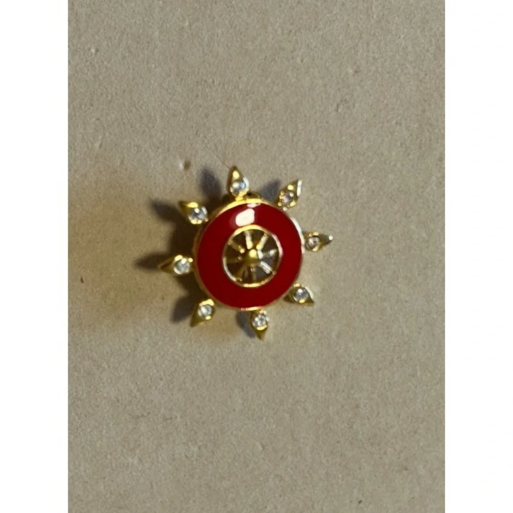 Vtg St John Signed Red Enamel Nautical Ships Wheel Brooch Pin Gold Tone Crystal